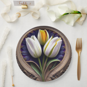 White Tulip Art Nouveau Design, Paper Plate