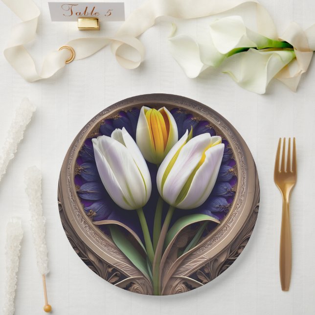 White Tulip Art Nouveau Design, Paper Plate (Wedding)