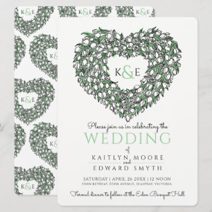 White tulip black ink drawing heart green wedding  invitation