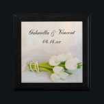 White Tulip Bouquet Spring Wedding Gift Box<br><div class="desc">Customise the elegant White Tulip Bouquet Spring Wedding Gift Box with the personal names of the bride and groom and March, April or May springtime marriage ceremony date. This classy custom botanical nuptial trinket box features a floral photograph of a bouquet of white tulip flower blossoms, white pearl necklace and...</div>