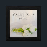 White Tulip Bouquet Spring Wedding Gift Box<br><div class="desc">Customise the elegant White Tulip Bouquet Spring Wedding Gift Box with the personal names of the bride and groom and March, April or May springtime marriage ceremony date. This classy custom botanical nuptial trinket box features a floral photograph of a bouquet of white tulip flower blossoms, white pearl necklace and...</div>