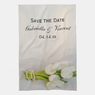 White Tulip Bouquet Spring Wedding Save the Date Tea Towel