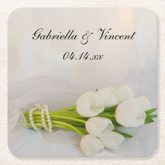 White Tulip Bouquet Wedding Square Paper Coaster (Front)