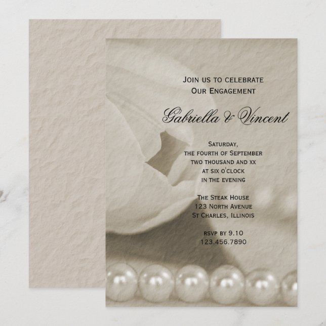 White Tulip Flower and Pearls Engagement Party Invitation (Front/Back)