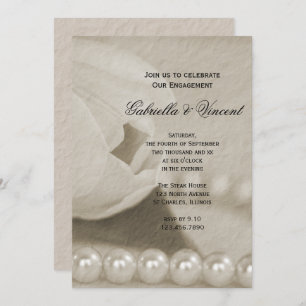 White Tulip Flower and Pearls Engagement Party Invitation