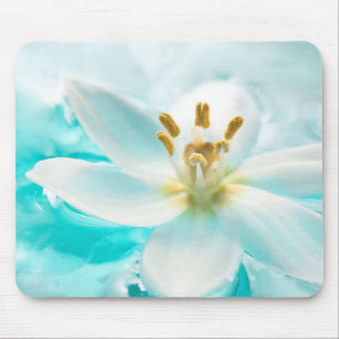 White Tulip Flower Blue Water Pond Aqua Turquoise Mouse Mat