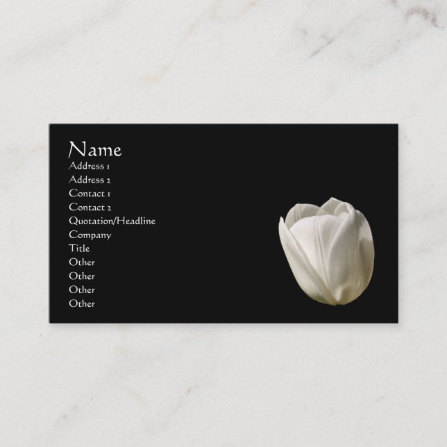 White Tulip Flower On Black Business Card (Front)