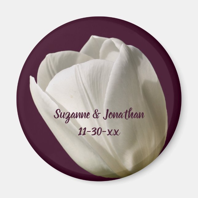 White Tulip Flower Personalised Wedding  Magnet (Front)