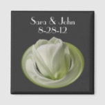 White Tulip Flower Wedding Favour Magnet<br><div class="desc">Delicate white tulip on a black background save the date wedding announcement favour refrigerator magnet. Fill in your information in the template. Make more changes to text and font size, style, and colour by clicking on Customise. If you have any questions or requests, please contact me. This image is available...</div>