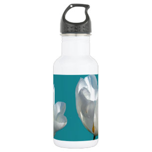 white tulip flowers in aqua blue background 532 ml water bottle