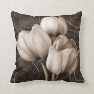 White Tulip Flowers Sepia Black Background floral Cushion