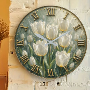 White Tulip Garden Elegant Spring Floral Art Large Clock
