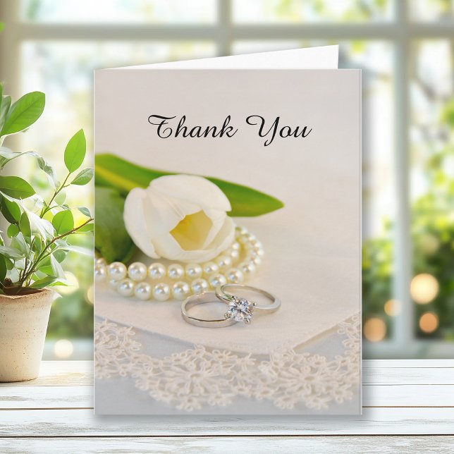 White Tulip, Pearls and Rings Wedding Thank You Card (Creator Uploaded)