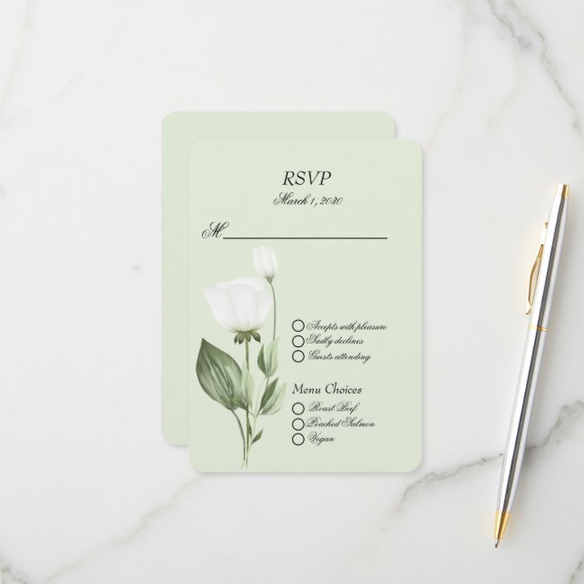 White Tulip Spring Wedding RSVP Card (Front/Back In Situ)