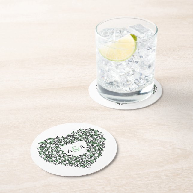 White tulip wreath ink drawing monogram wedding  s round paper coaster (Insitu)