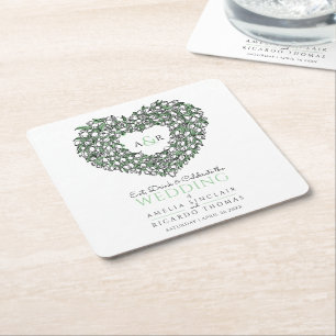 White tulip wreath ink drawing monogram wedding  square paper coaster