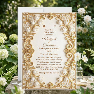 White Tulips Baroque Opulent Gold Florals Wedding  Invitation