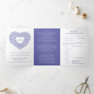 White tulips blue heart art monogram wedding Tri-Fold invitation
