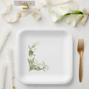 White Tulips Butterfly Bridal Shower Paper Plate