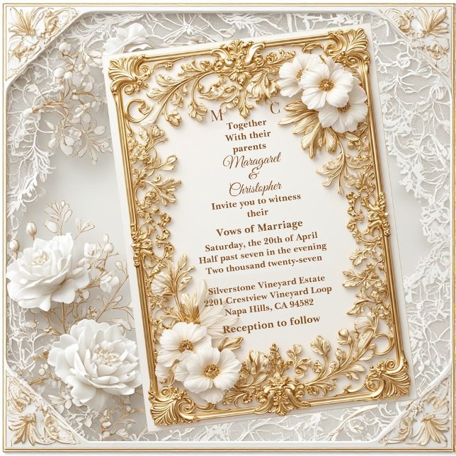 White Tulips Gold Ornate Baroque Grandeur Wedding  Invitation (White Tulips Gold Ornate Baroque Grandeur Wedding Invitation)