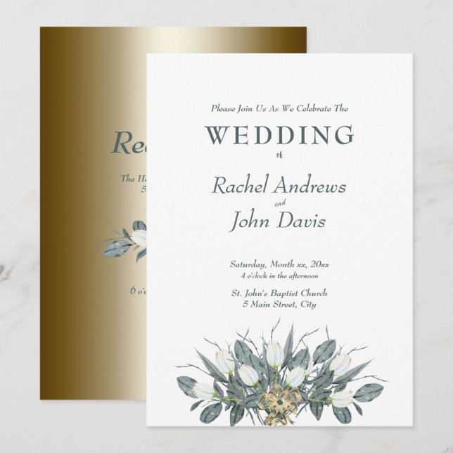 White Tulips Gold Wedding Invitation (Front/Back)