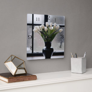 White Tulips In Black Vase By Frosty Window, Square Wall Clock