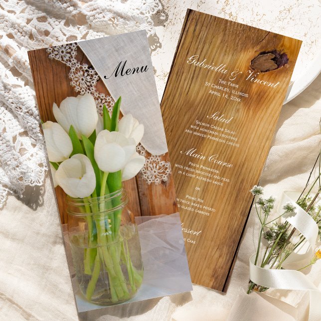 White Tulips Mason Jar Country Barn Wedding Menu (Creator Uploaded)