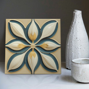 White Tulips on Blue Symmetric Art Deco Tile