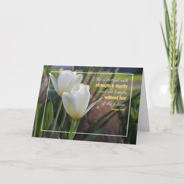White Tulips Proverbs 31:25 Note Card (Front)