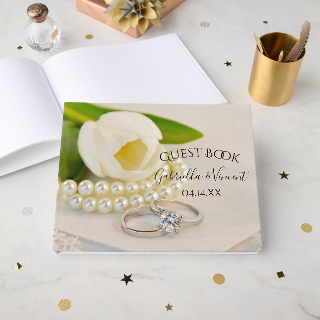 White Tulips, Rings and Pearls Spring Wedding Guest Book (Front Open)