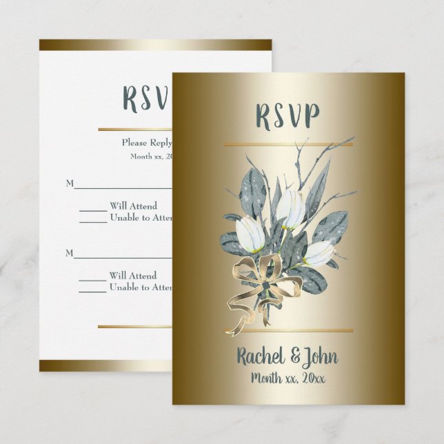 White Tulips With Gold, Wedding RSVP Card (Front/Back)