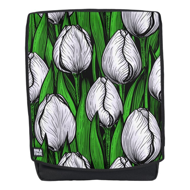 White tulips with green leaves backpack (Front)