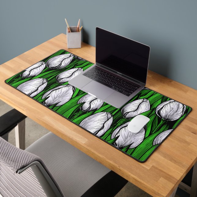White tulips with green leaves desk mat (Office 2)