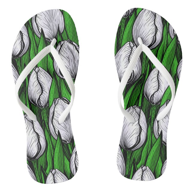 White tulips with green leaves flip flops (Footbed)