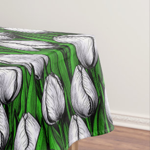 White tulips with green leaves tablecloth