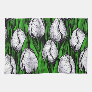 White tulips with green leaves tea towel