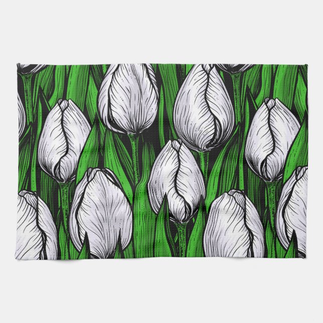 White tulips with green leaves tea towel (Horizontal)