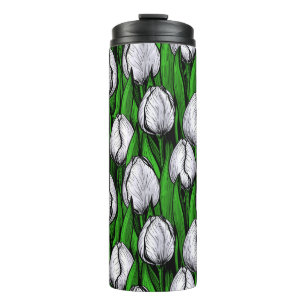 White tulips with green leaves thermal tumbler
