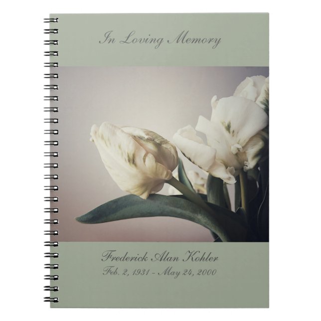 White tulips with green markings memorial notebook (Front)