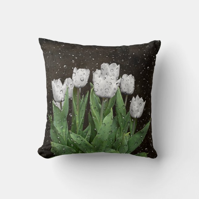 White Tulips With Raindrops Cushion (Front)