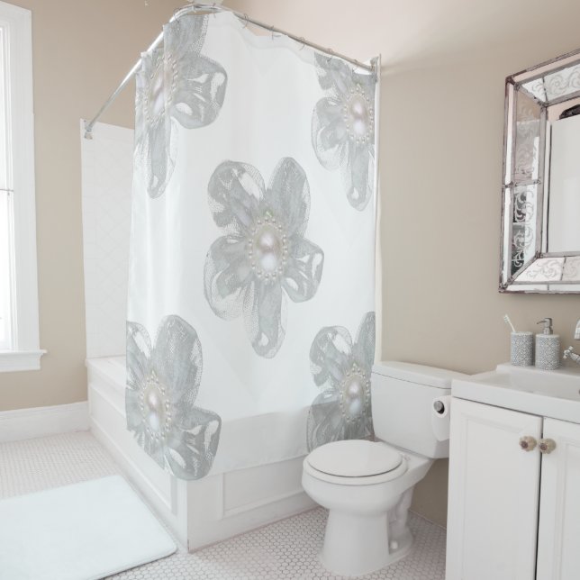 White tulle flower shower curtain (In Situ)