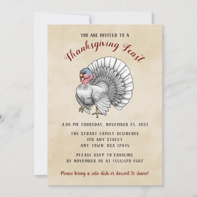 White Turkey Thanksgiving Dinner Invitation (Front)