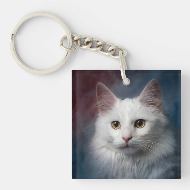 White Turkish Angora Cat Red Blue Key Ring (Front)