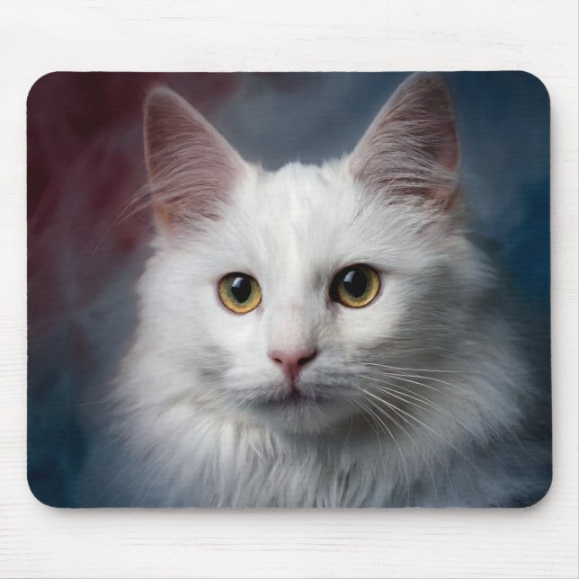 White Turkish Angora Cat Red Blue Mouse Mat (Front)