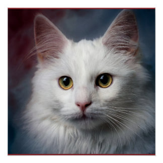 White Turkish Angora Cat Red Blue Poster