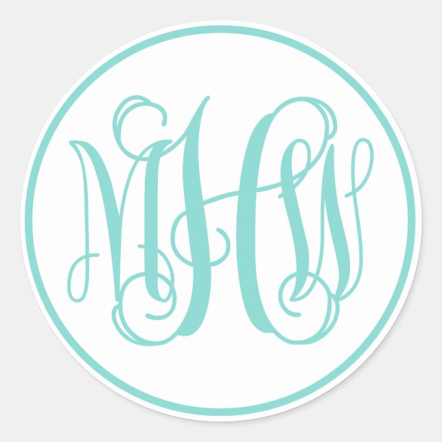 White Turq Aqua Vine Script Monogram, DIY BG Classic Round Sticker (Front)