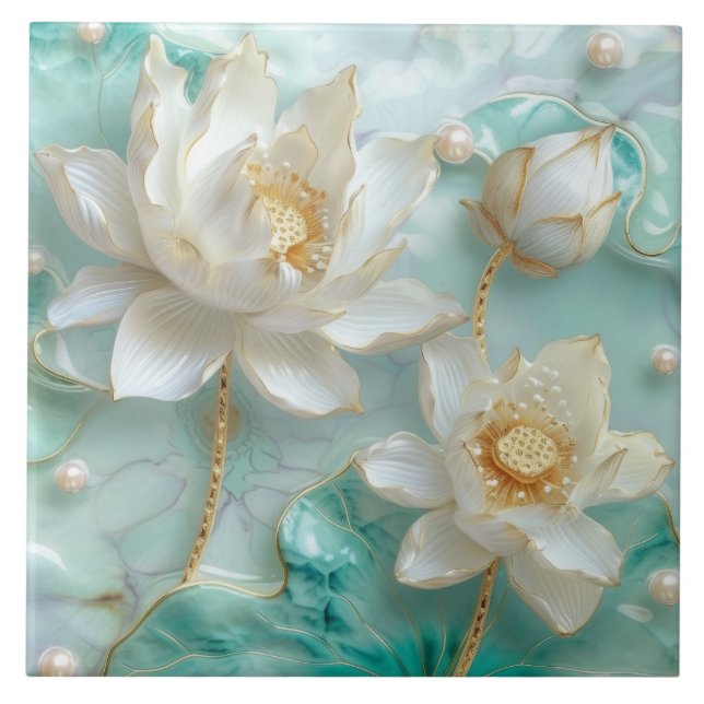 White Turquoise Aquamarine Gold Lotus Lily Flower Tile (Front)
