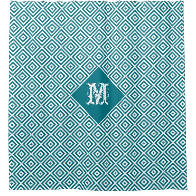White & Turquoise Geometric Modern Pattern Shower Curtain (Front)