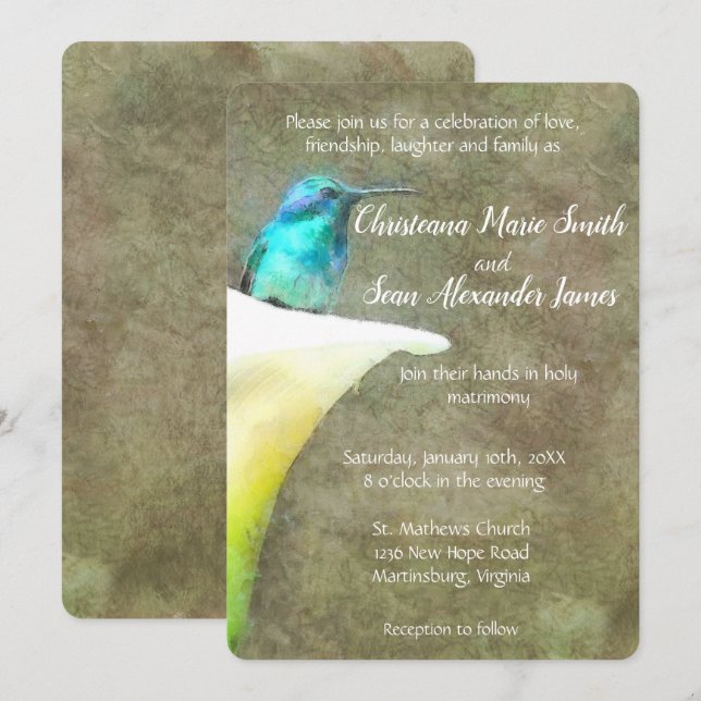 White Turquoise Hummingbird Lily Floral Watercolor Invitation (Front/Back)