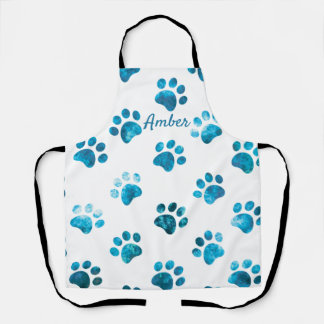 White Turquoise Textured Paw Print Personalised Apron
